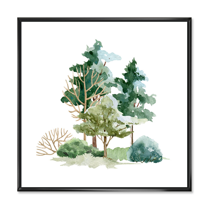 Arbres de brousse et prairie sur fond blanc - peinture sur toile, H 16 po x l 16 po x P 1 po, Cadre flottant noir