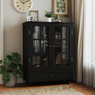 Buffet Cabinet With Double Glass Doors & Drawer, Modern Wooden Storage Sideboard Cupboard For Living Room, Dining Room Hallway Entryway, Cabinets, Bla by Latitude Run