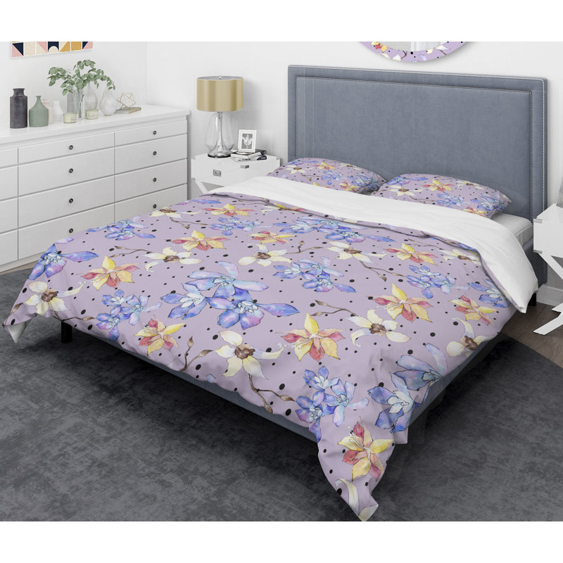 Ensemble de housse de couette à style mid-century floral botanique, Housse de couette très grand + 2 taies décoratives