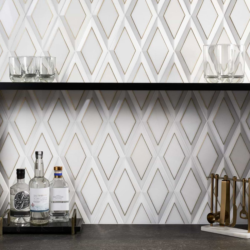 Basque 6x12 Beveled Polished Marble Tile, White/Brass