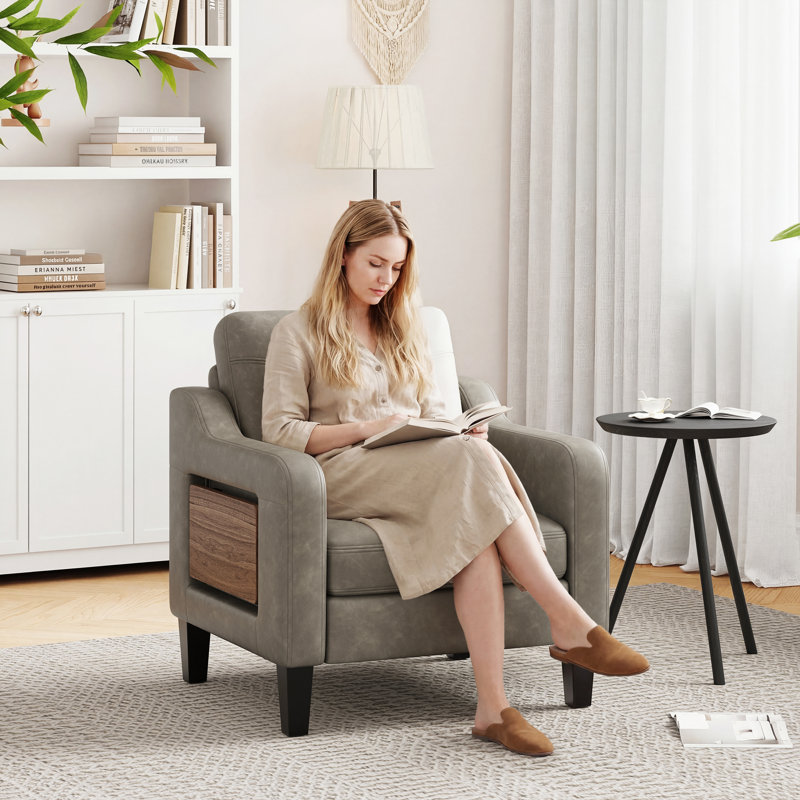 Wide Upholstered Accent Chair Faux Leather Armchair, Gray