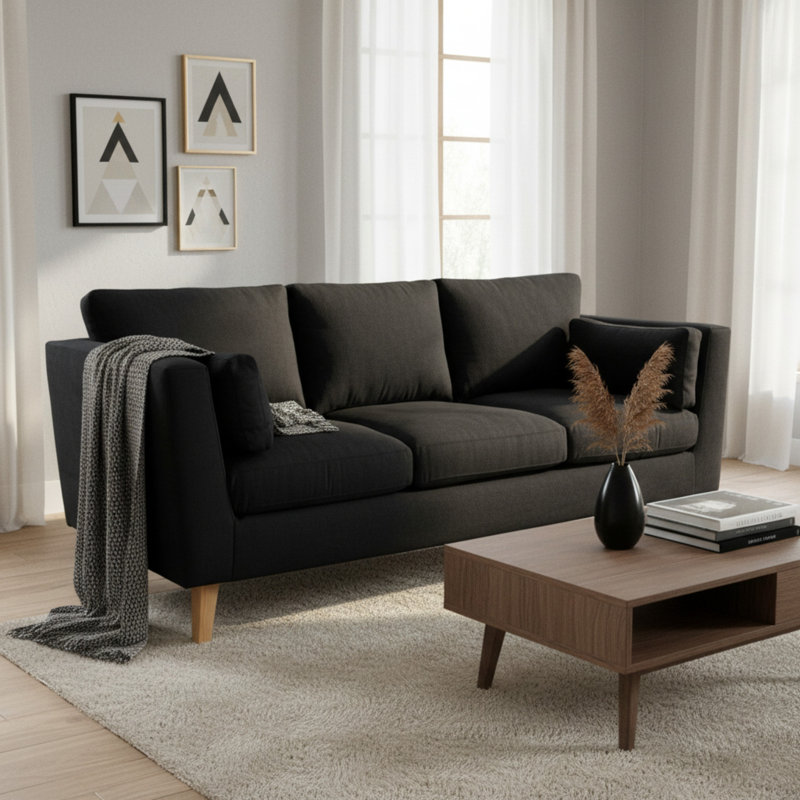 3 Seater Sofa & Chaise, Black