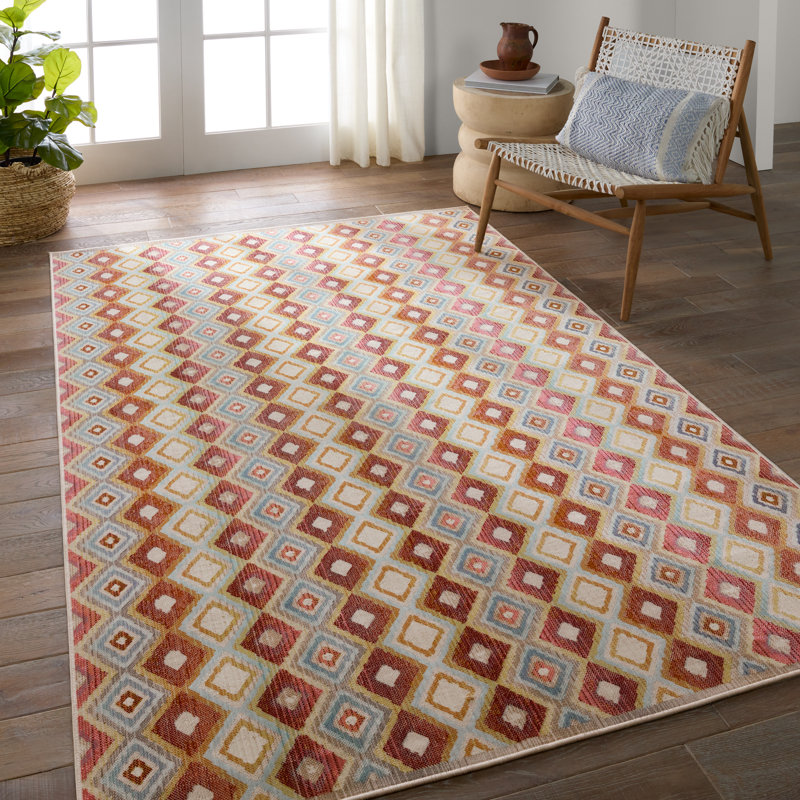 Tapis géométrique brun / bleu en polypropylène tissé à la machine Deva, Rectangle de 5 pi x 8 pi