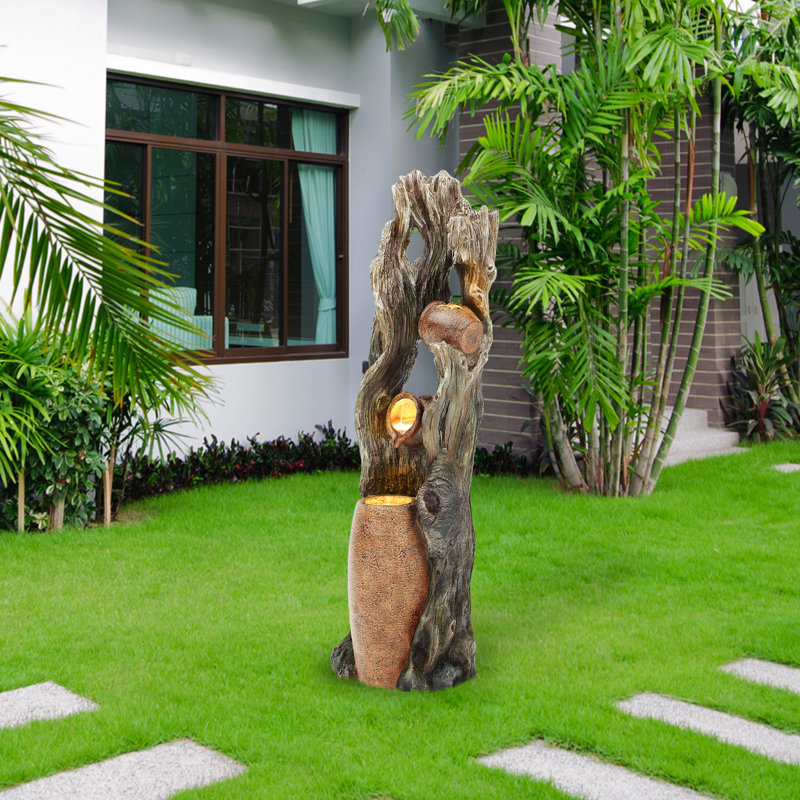 42.7"H Tall Tree Trunk & Jugs Outdoor Fountain with LED Light Weather-Resistant Handcrafted Resin Garden Decor with Cascading Waterfalls