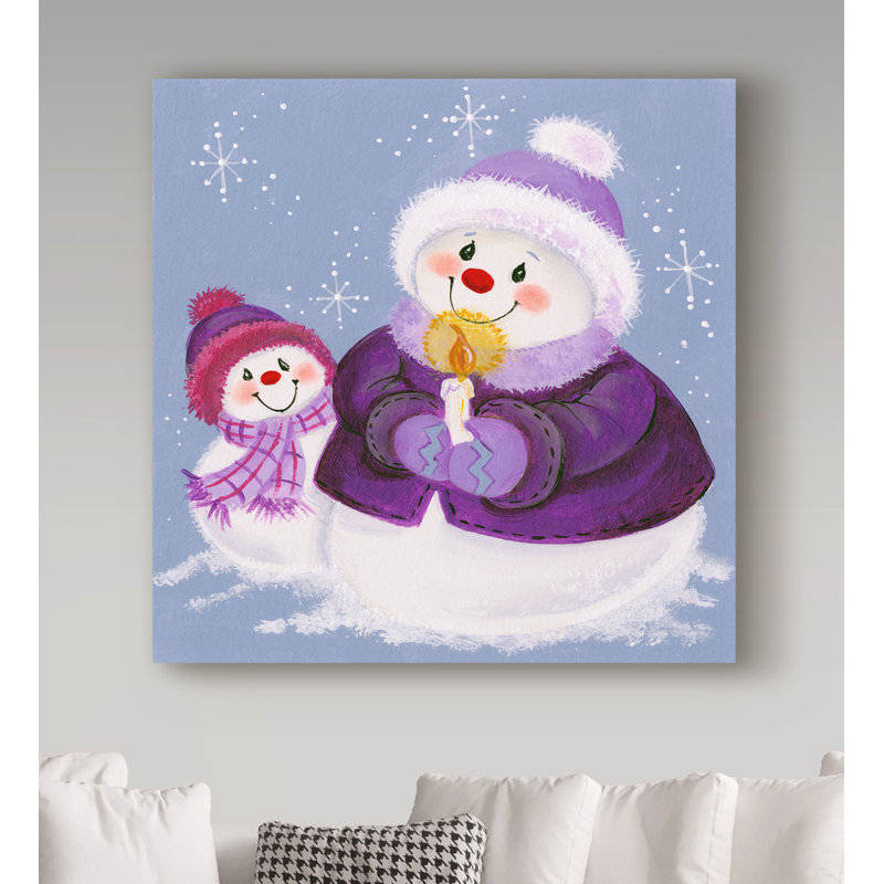 Art sur toile, "bonhommes de neige en mauve avec bougie", H 14 po x l 14 po x P 2 po