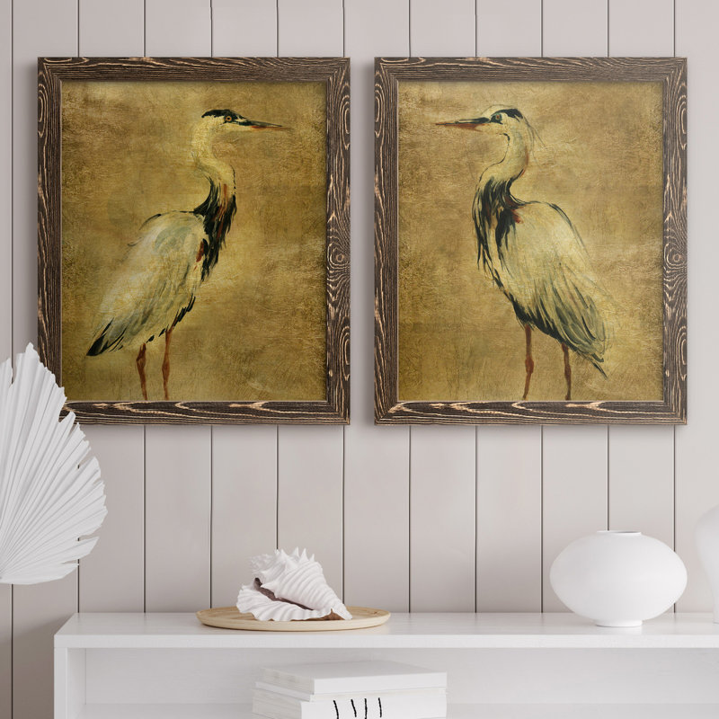 «Gold Crane at Dusk I», ensemble de reproductions d'art sur toile encadrées, H 31,5 po x l 47 po x P 1,5 po, Cadre noyer