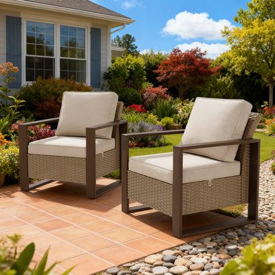 2 Pieces Patio Wicker Chairs Set, Outdoor Conversation Chairs Set With Removable Cushions & Wood-looking Metal Armrest For Garden, Backyard, Porch, Deck
