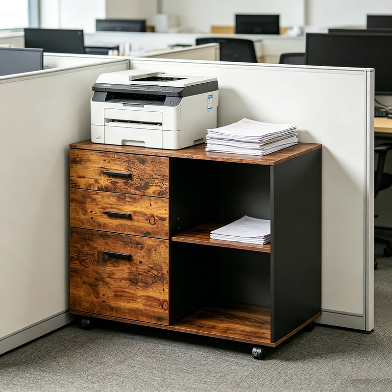 Classeur mobile avec 3 tiroirs et tablettes ouvertes, classeur latéral en bois, support pour imprimante pour bureau personnel