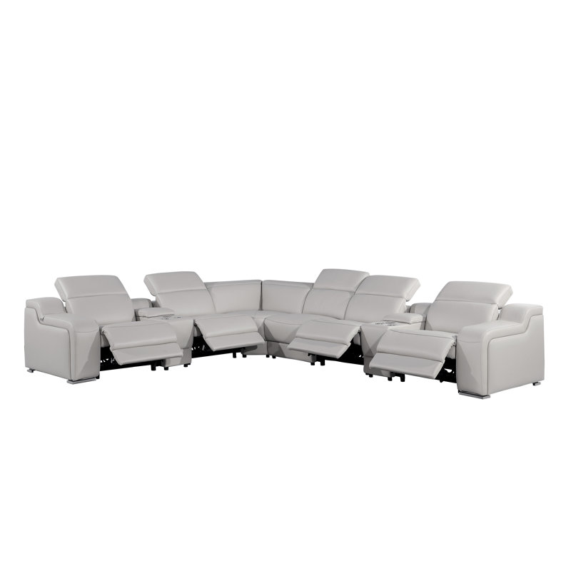Canapé modulaire inclinable électrique en cuir italien 8 pièces Stanuta, Cuir véritable gris clair
