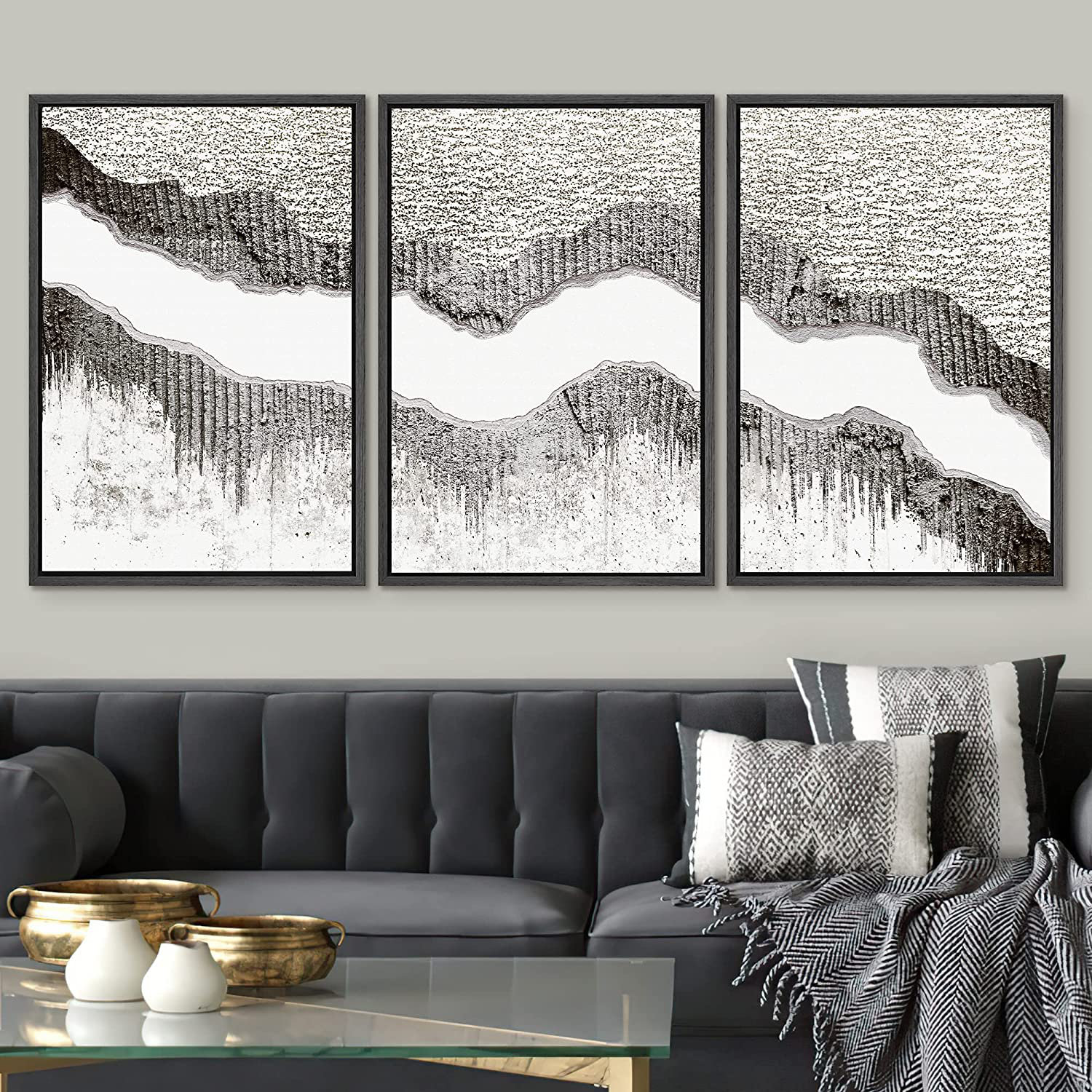 IDEA4WALL Framed Canvas Print Wall Art Set Black, White Grey Paint ...