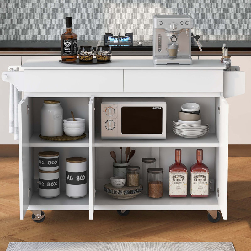 53"W Wood Kitchen Island With Drop Leaf, Drawers And Adjustable Shelves, White