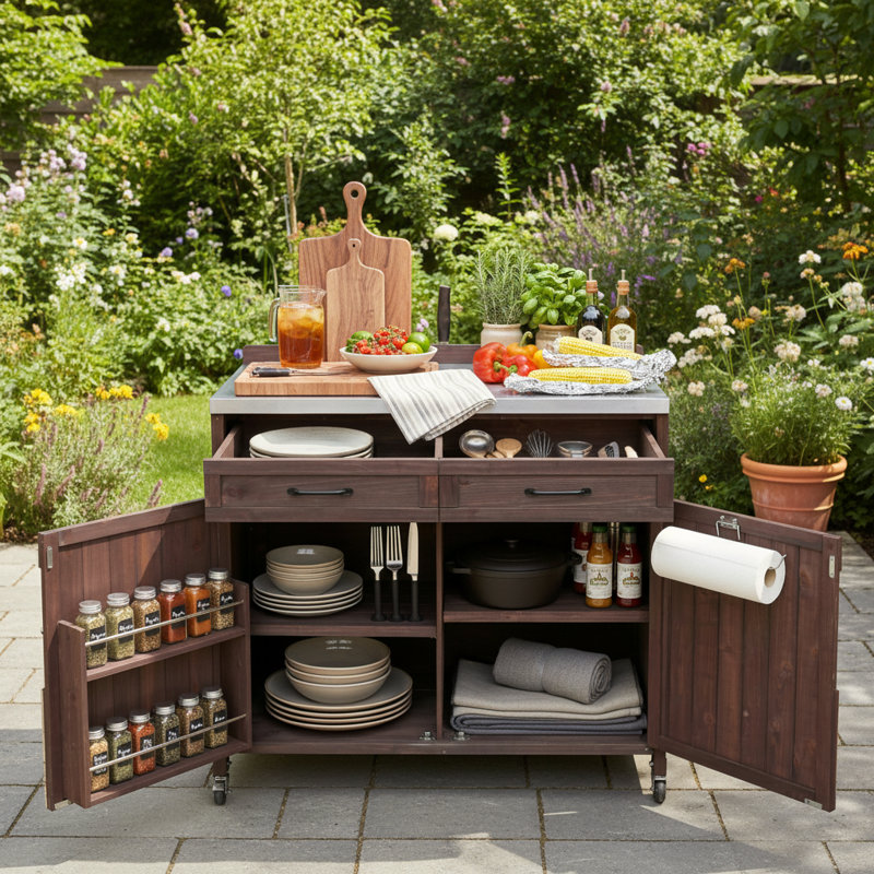 39.5-Inch Outdoor Kitchen Island, Stainless Steel Countertop, Large Drawers, Adjustable Shelves, 4 Wheels, Suitable For Pizza Making, Dark Brown