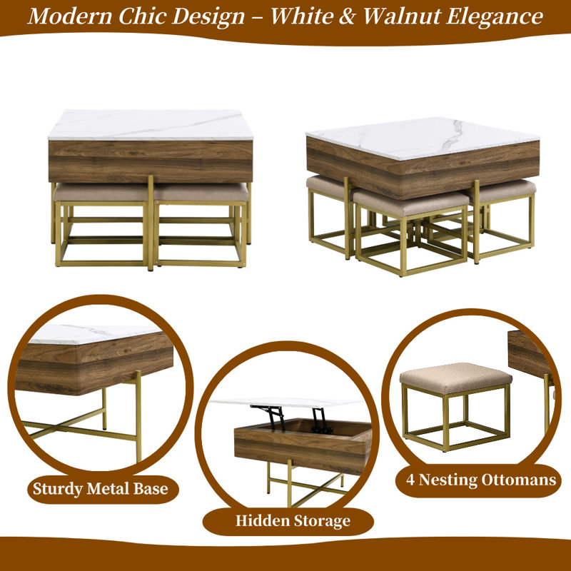 Walnut Lift-Top Coffee Table Set with Storage & 4 Ottomans