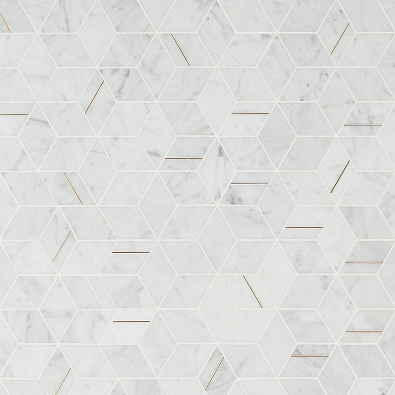 Carrelage mural mosaïque géométrique en marbre et laiton 14 po x 12 po Utopia (1,11 pi. Ca. / feuille), Carrara