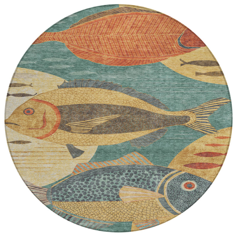 Machine Washable Indoor/Outdoor Chantille ACN2447 Coastal Rug, Teal, 8' Round