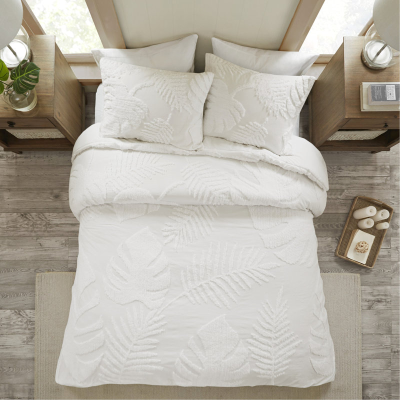 Édredon 3 pièces en chenille de coton - très grand / très grand, motif de feuilles, style de chambre à coucher de plage, très grand, esthétique,