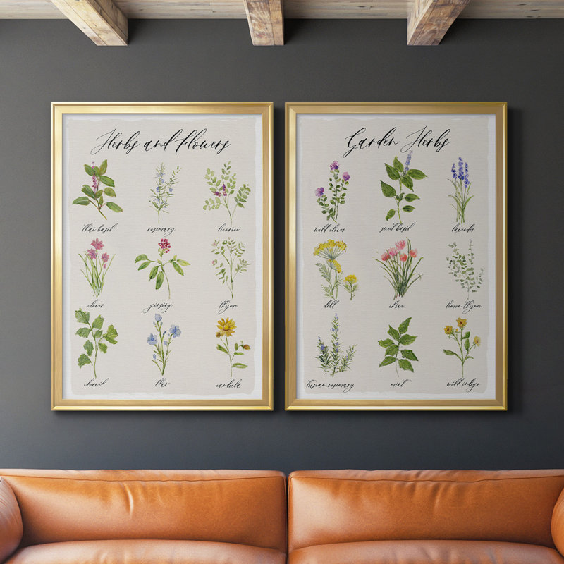 Herbes et fleurs, toile encadrée de qualité supérieure - prête à être accrochée, Or, H 42,5 po x l 61 po x P 1,25 po