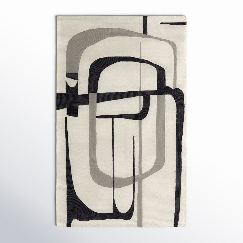 Handmade Black and Ivory Wool Abstract Rug, 8' x 10'