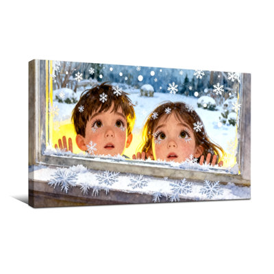 Noël, enfants, regarder dehors, hiver, fenêtre, flocons neige