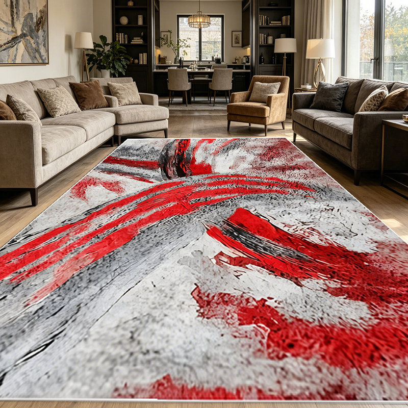 1PC Modern Abstract Red Grey Black Brushstroke Marbled area rugs for Living Room, Soft and Comfortable, Suitable for all seasons, easy-to-maintain, machine washable Indoor floor mat, Under Table Farmhouse suitable for dining room, bedroom, kitchen,