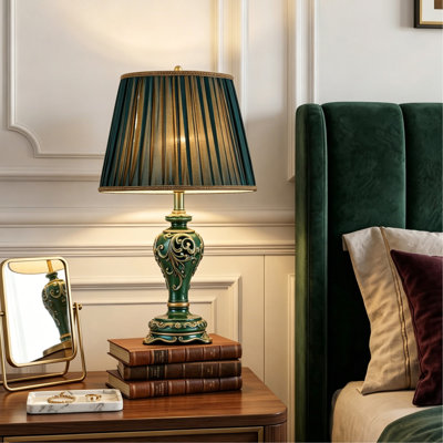 Farmhouse Table Lamps  for Living Room Bedroom,  Vintage Table Lamp with Nightlight (BULB  INCLUDED) , Dark Green Hollow Out Resin Lamp for End Table