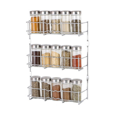 Buckingham 3 Tier Spice Rack Chrome Wall Mounted Storage Organiser for 15 Spice Jars 28 cm
