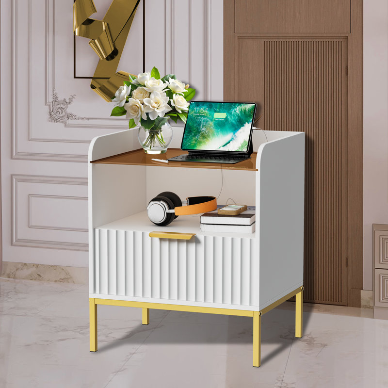 Arlen Modern Bedside Table with Charging Station & Glass Top â€“ 1-Drawer Nightstand,2Pcs, Individual, Gold/White