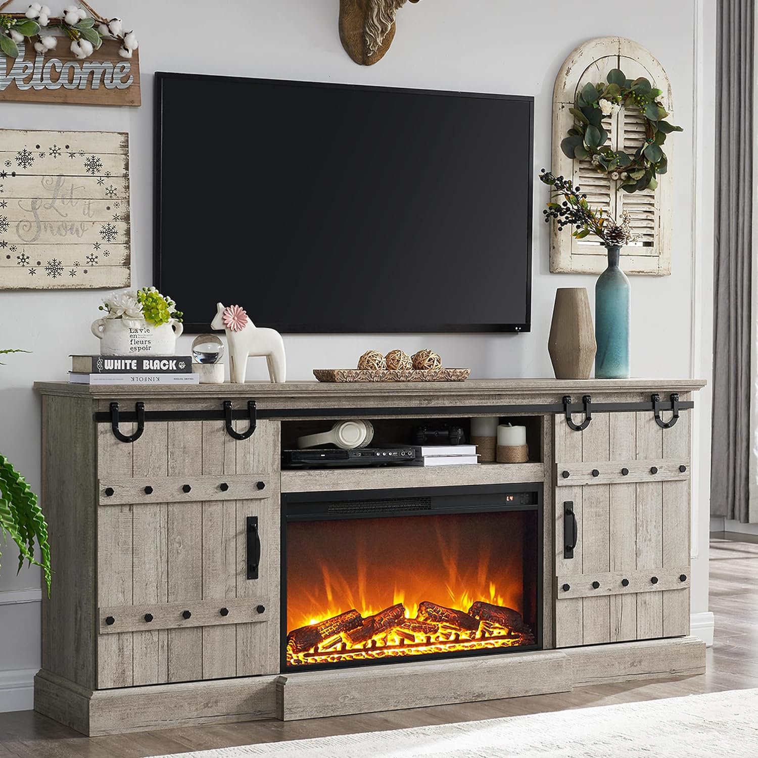 Gracie Oaks Wilbrandt Farmhouse Fireplace TV Stand with 30" Fireplace ...