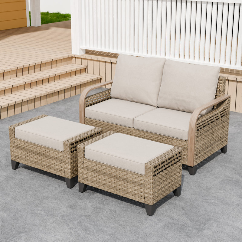 Outdoor Loveseat Sofa Wicker Patio Sofa with Cushions and Ottomans, Gray