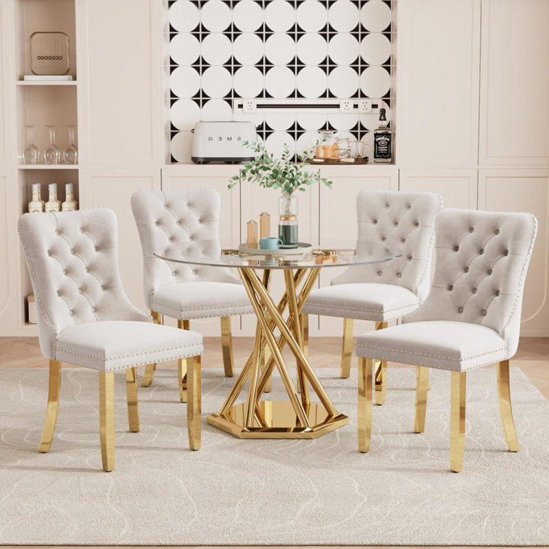 Ensemble de table de salle à manger 38,9 po en verre pour 4 tables de cuisine et de salle à manger avec 4 chaises en velours, plateau de table épais de 0,31 po et base dorée moderne