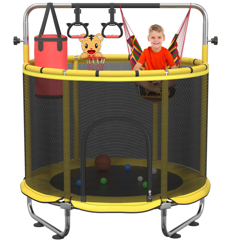 Multi-Functional Kids Trampoline | 60in Indoor Outdoor Bouncer | High-Strength Steel Frame | 500LBS Capacity | Yellow & Black Safety Enclosure Trampoline with Hammock, Basketball Hoop & Punching Bag