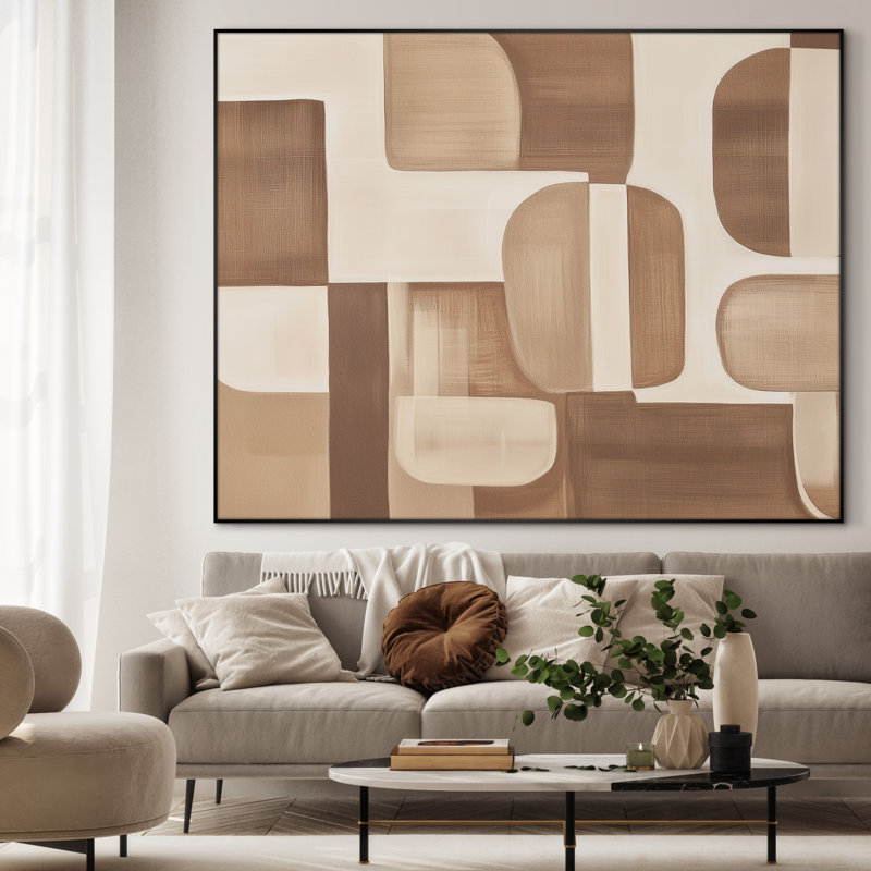 Très grande reproduction d'art géométrique abstraite moderne - formes neutres de brun et de beige, minimaliste pour le salon ou la chambre à coucher, assemblage requis