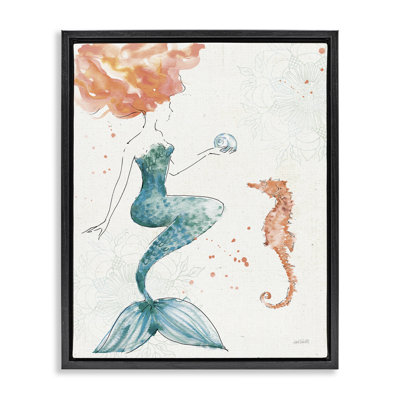 Mermaid and Ocean Seahorse Black Framed Floater Canvas Wall Art by Anne Tavoletti