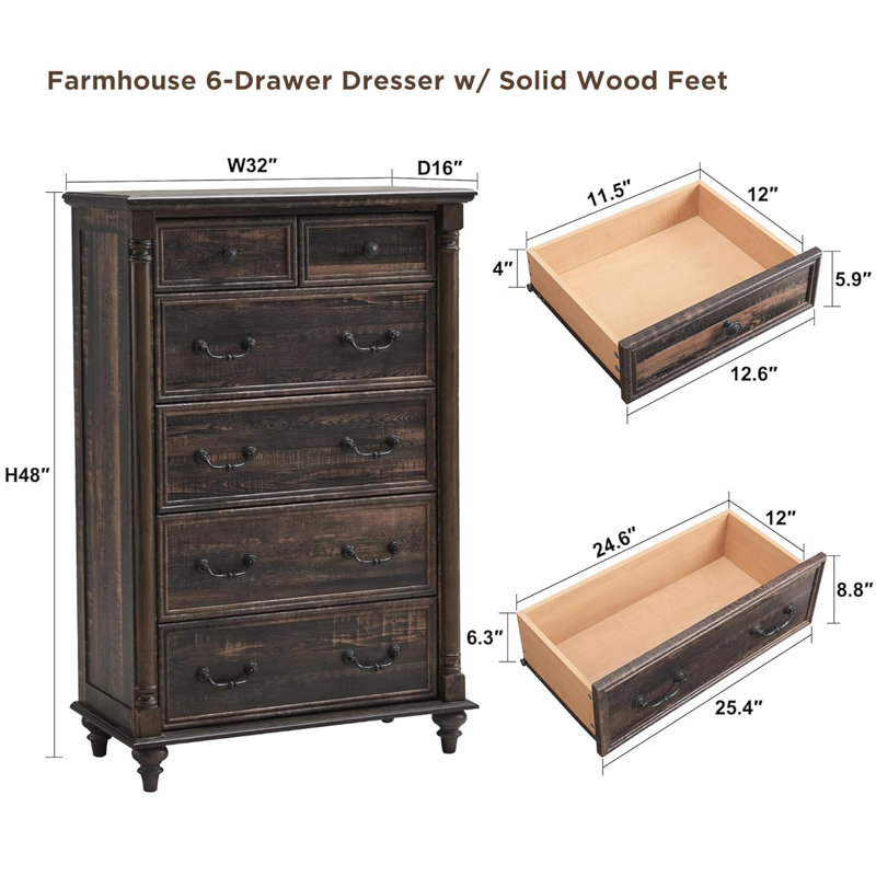 Dark Rustic Oak 6-Drawer Solid Wood Dresser Chest