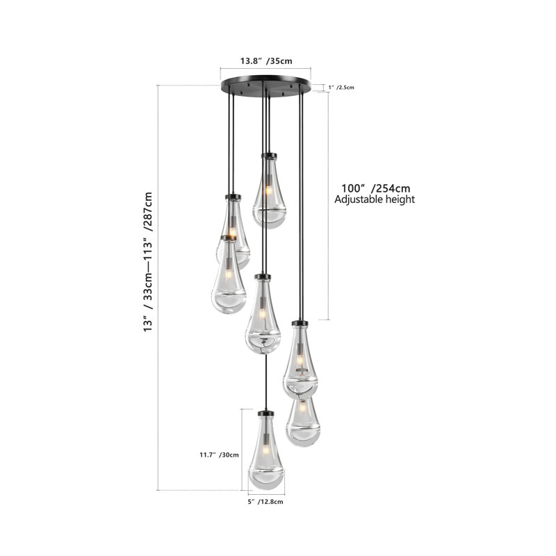 Luminaire suspendu moderne à 7 lumières Raindrop, Noir mat