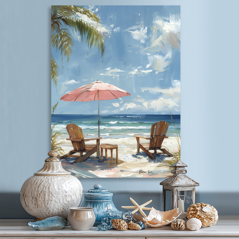 Chaises de plage roses dans un paysage tropical II - Décoration murale plage, Métal métal, H 32 po x l 24 po x P 1 po