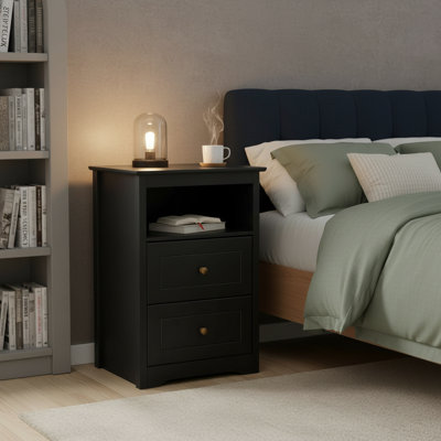 Two Tall, Black Wooden Bedside Tables, Featuring Two Drawers And Storage Compartments, For Small Bedrooms; Can Be Used As A Bedside Table Or Telephone Stand.