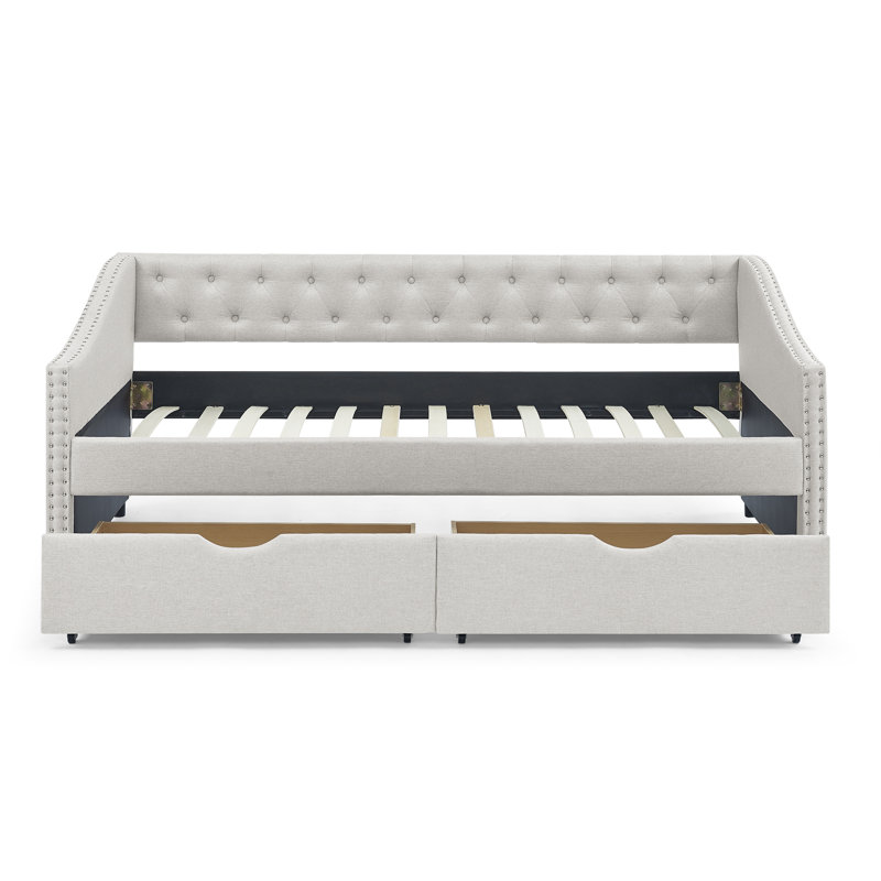 Daybed With Drawers Upholstered Tufted Sofa Bed, With Button On Back And Copper Nail On Waved Shape Arms, Beige, Twin