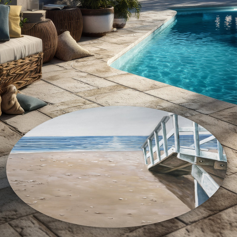 Soft seaside landscape Blue American round outdoor rug | Decor