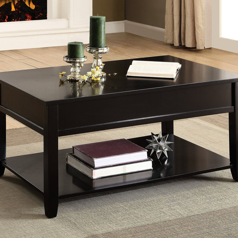 Table basse rectangulaire avec fonction de levage et tablettes de rangement noires pour livres de magazines