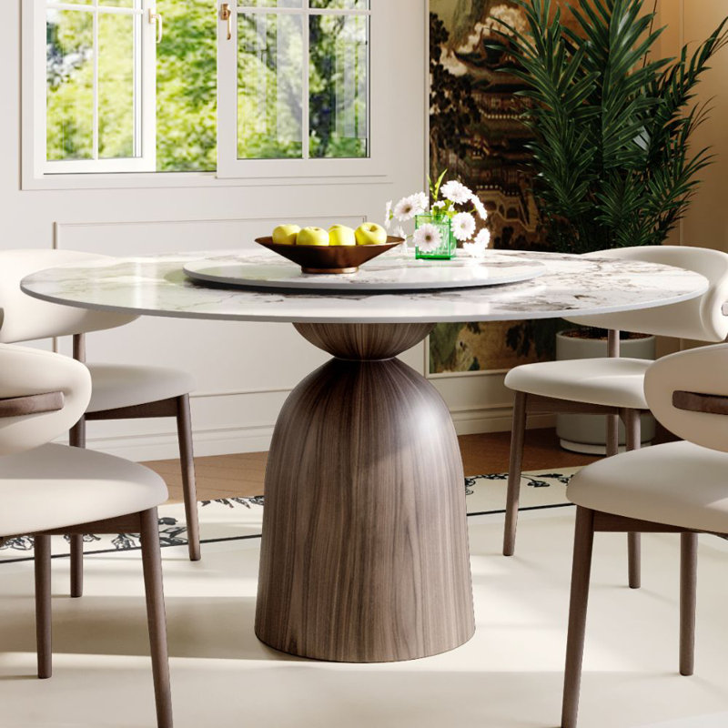53" Round Dining Table for 6 With Sintered Stone Lazy Susan + Dark Walnut Solid Wood Base, 29.52" H x 53.15" L x 53.15" W