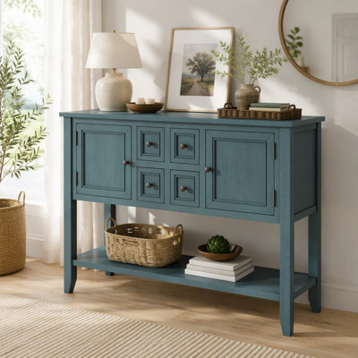 Ample console de rangement rétro avec quatre petits tiroirs et une tablette inférieure pour les salons, les entrées et les cuisines