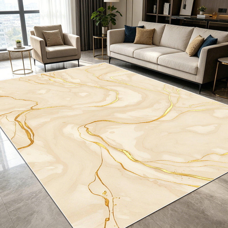 1PC Gold Foil Cream Marble Fluid Print area rugs for Living Room, Soft and Comfortable, Suitable for all seasons, easy-to-maintain, machine washable Indoor floor mat, Under Table Farmhouse suitable for dining table, bedroom corner, kitchen floor,
