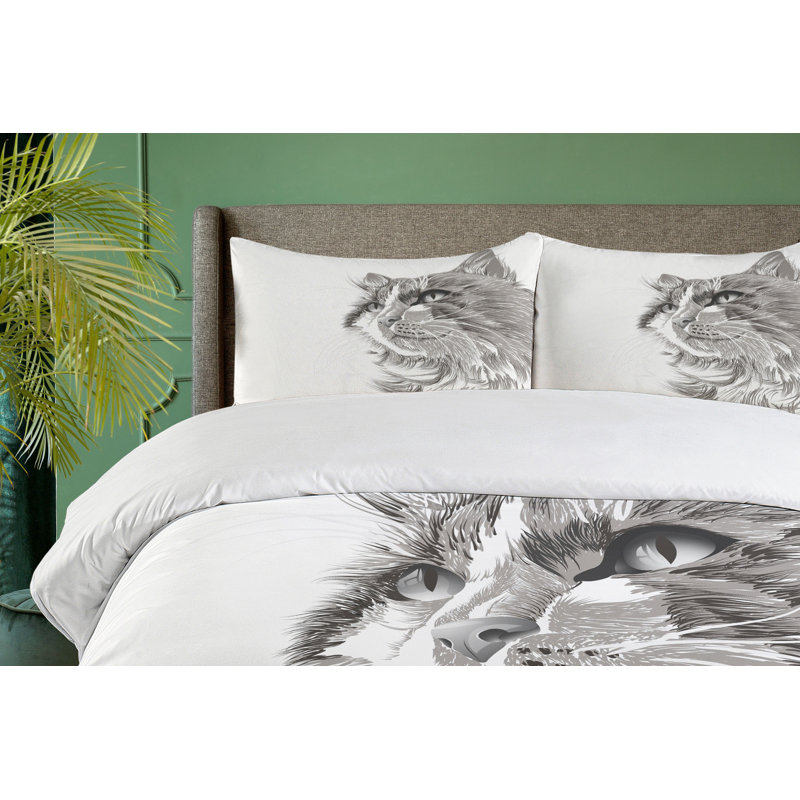Gray and White Cat Portrait Queen Duvet Cover Set
