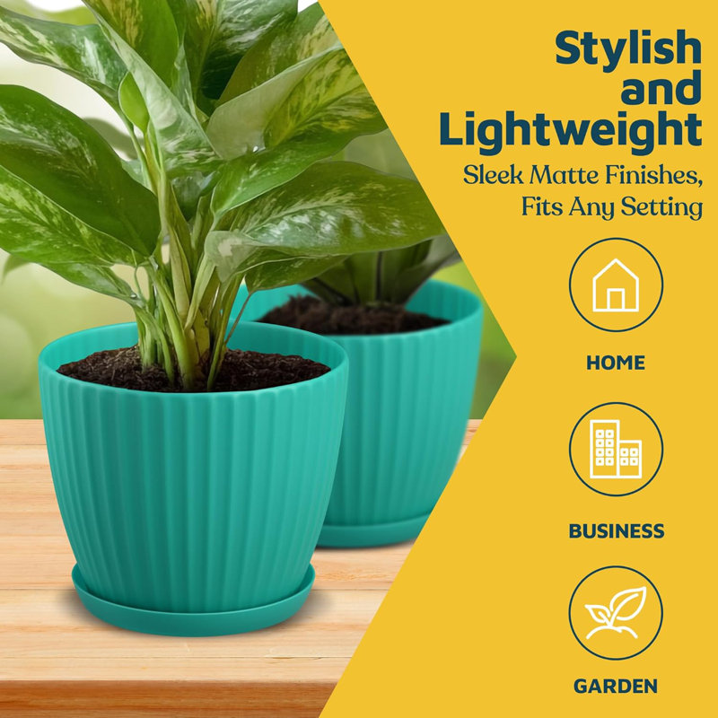 Aqua 6-Inch Plant Pots with Drainage & Saucers 6 Pack, Indoor & Outdoor Planters for Houseplants, Herbs, and Flowers, Durable & Weatherproof Material, Stackable, Lightweight, Minimalist Design