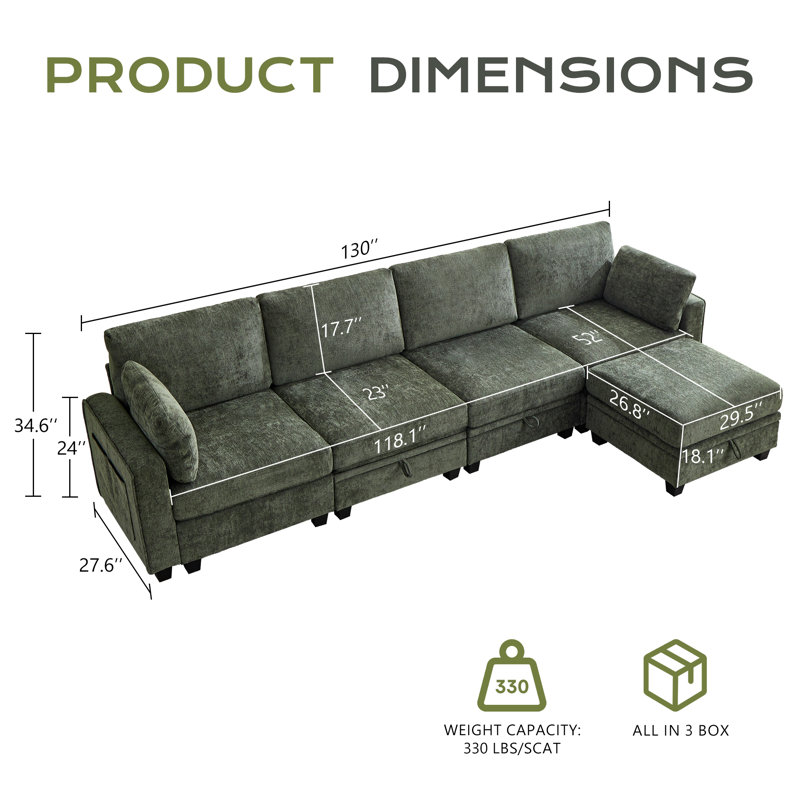 130" Modular Sectional Sofa With Storage, Oversized L Shape Convertible Cloud Sofa Sectional Couches For Living Room Comfy Chenille Deep Seat Couch With Chaise