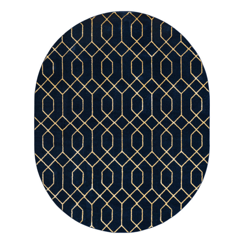 Tapis bleu marine et doré Glam, Ovale 7 pi 10 po x 10 pi