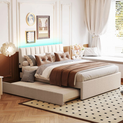 Teddy Fleece Queen Size Upholstered Platform Bed With Twin Xl Trundle