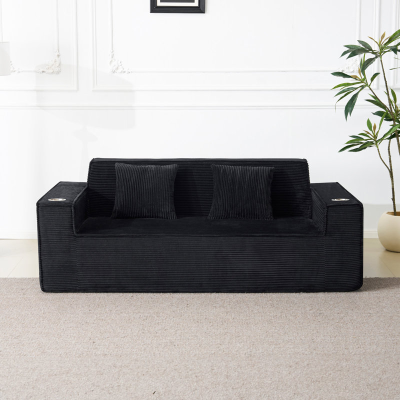 76" Chenille Square Arm Loveseat Sofa, 2 Seater Small Sofa Couch With Cup Holders, Black