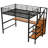 Full Size Metal Loft Bed In Black With Desk, Storage Staircase, Small Wardrobe, Led For Painting Drawing